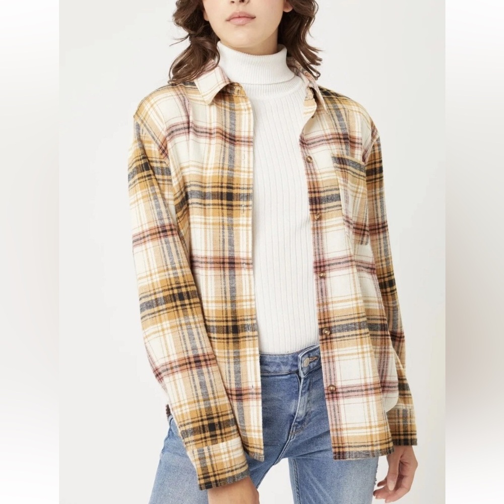 SALE 🔥NWT Love Tree Women's Oversize boxy Plaid Flannel Shirt top rust saffron